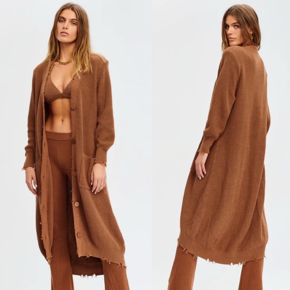 Ser.O.ya Amanda Sweater Dress Midi Distressed Sz Med Cognac Button Up Cardigan